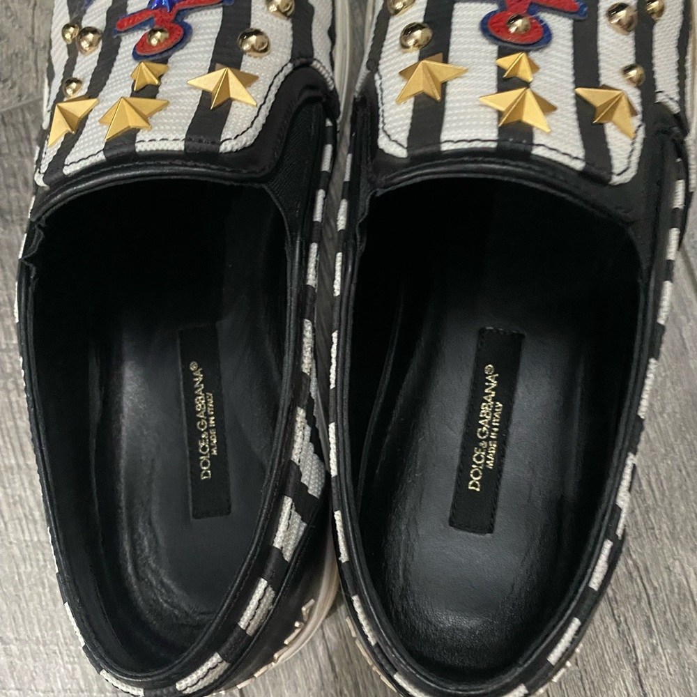 Striped Anchor Embroidered Slip-On Sneakers in Black & White with Red Accent - Picture 3 of 4
